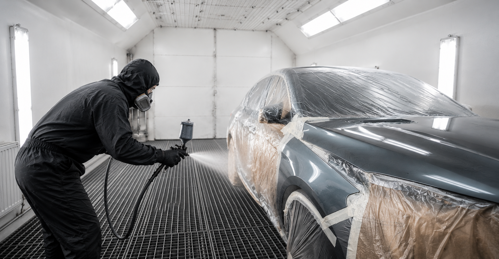 Lakýrník stříká auto v lakovací kabině