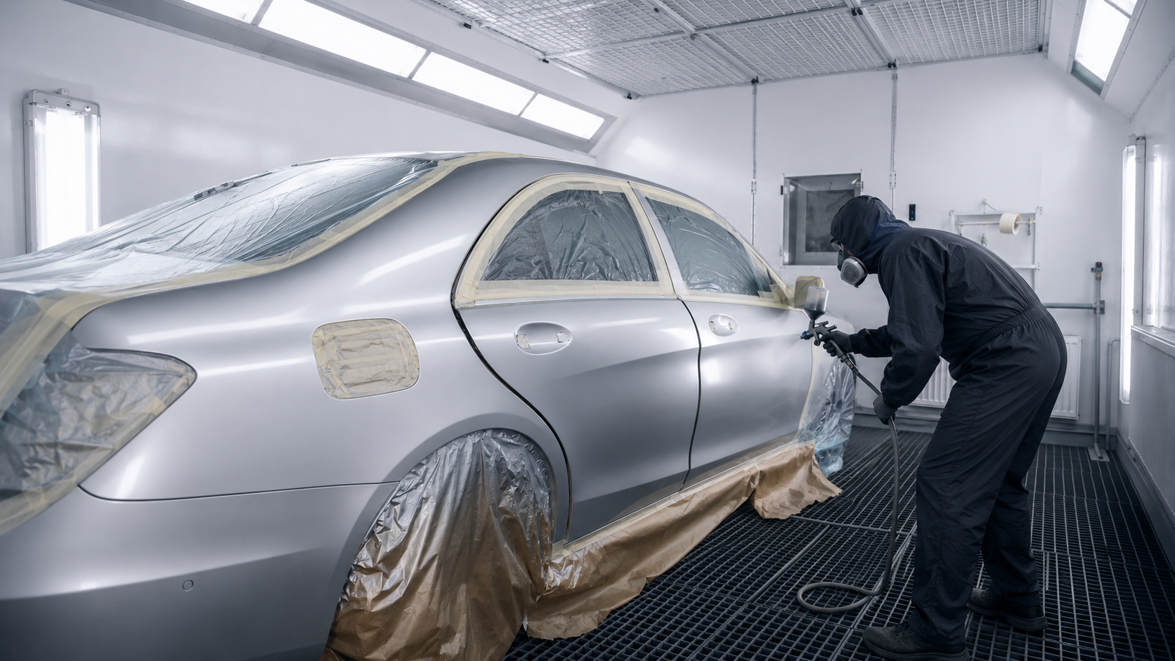 Lakýrník stříká auto v lakovací kabině